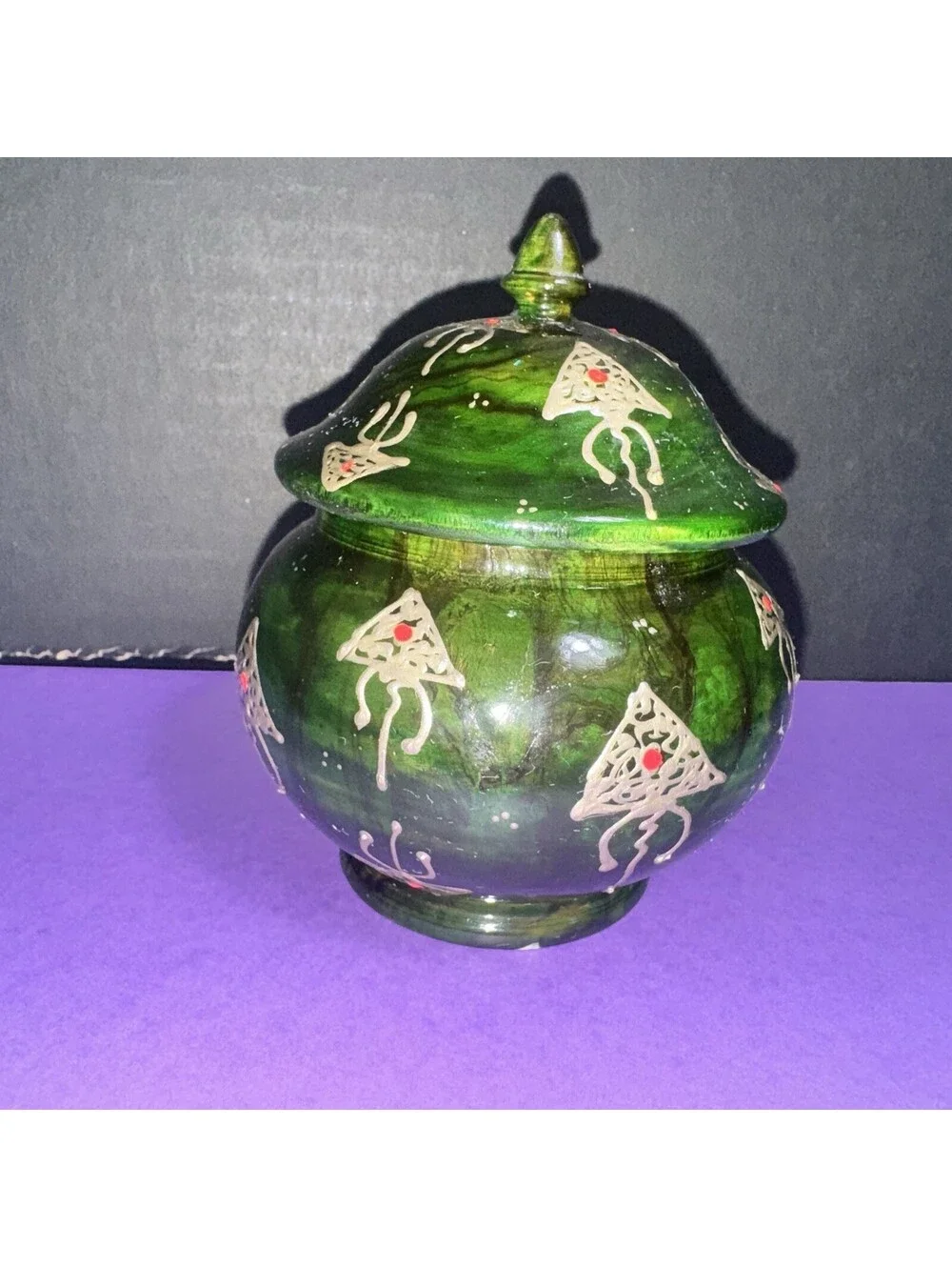 Vtg. Hand Painted Green Wooden Lidded Jar Apothecary Trinket Box Folk Art 4.5”